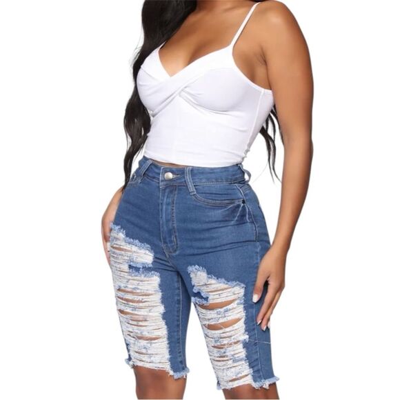 Fashion Nova Blue Distressed Jean Shorts 15 - Picture 1 of 8